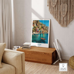 Symi Greece Art Print | Harbour Boats Seascape Poster displayed in a cozy living room setting.