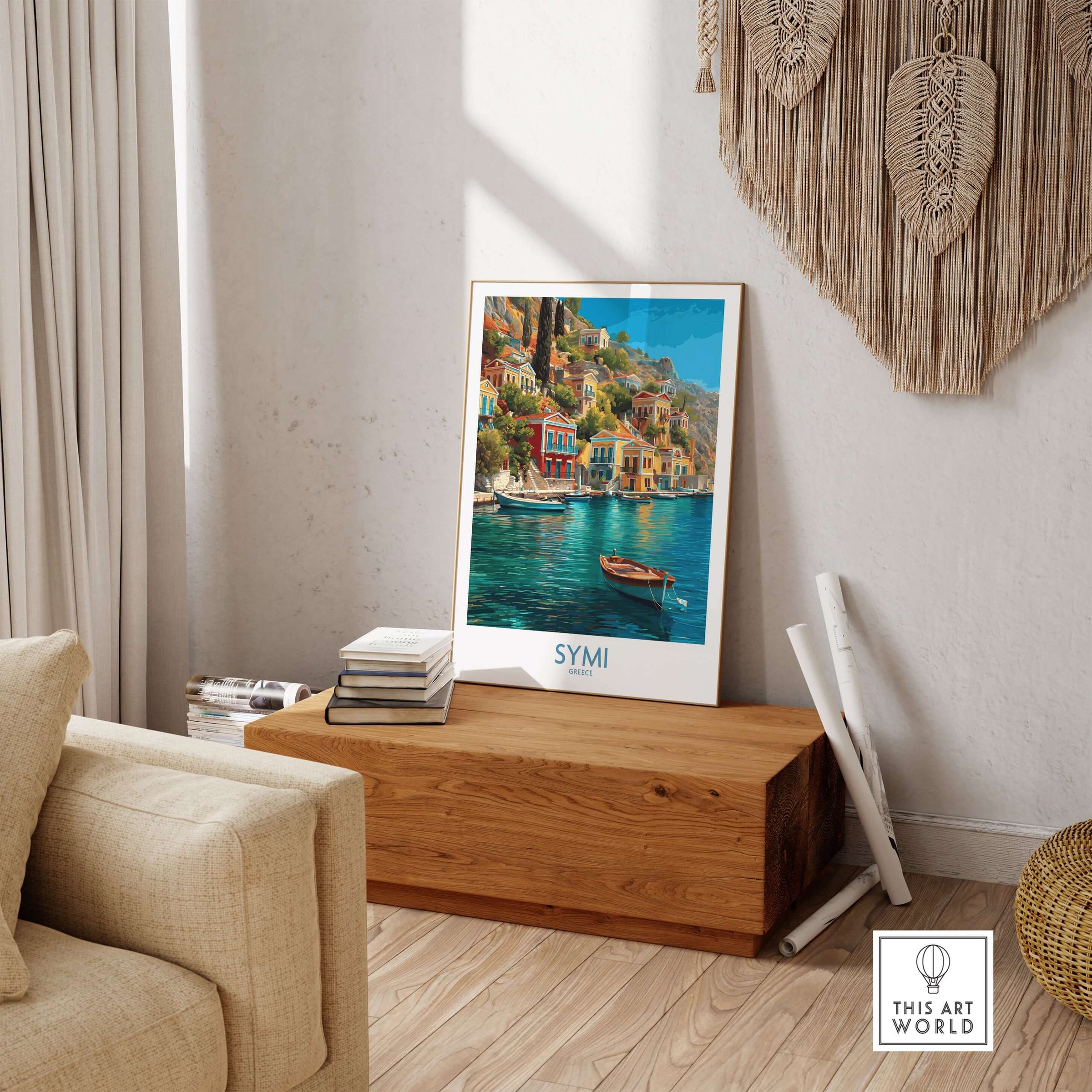 Symi Greece Art Print | Harbour Boats Seascape Poster displayed in a cozy living room setting.