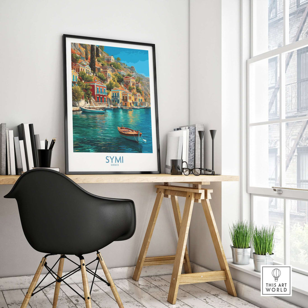 Symi Greece Art Print | Harbour Boats Seascape Poster displayed in a modern workspace.