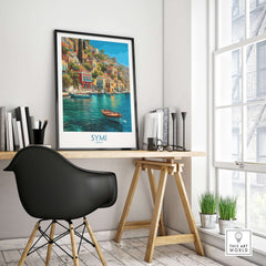 Symi Greece Art Print | Harbour Boats Seascape Poster framed in a stylish home office setting.