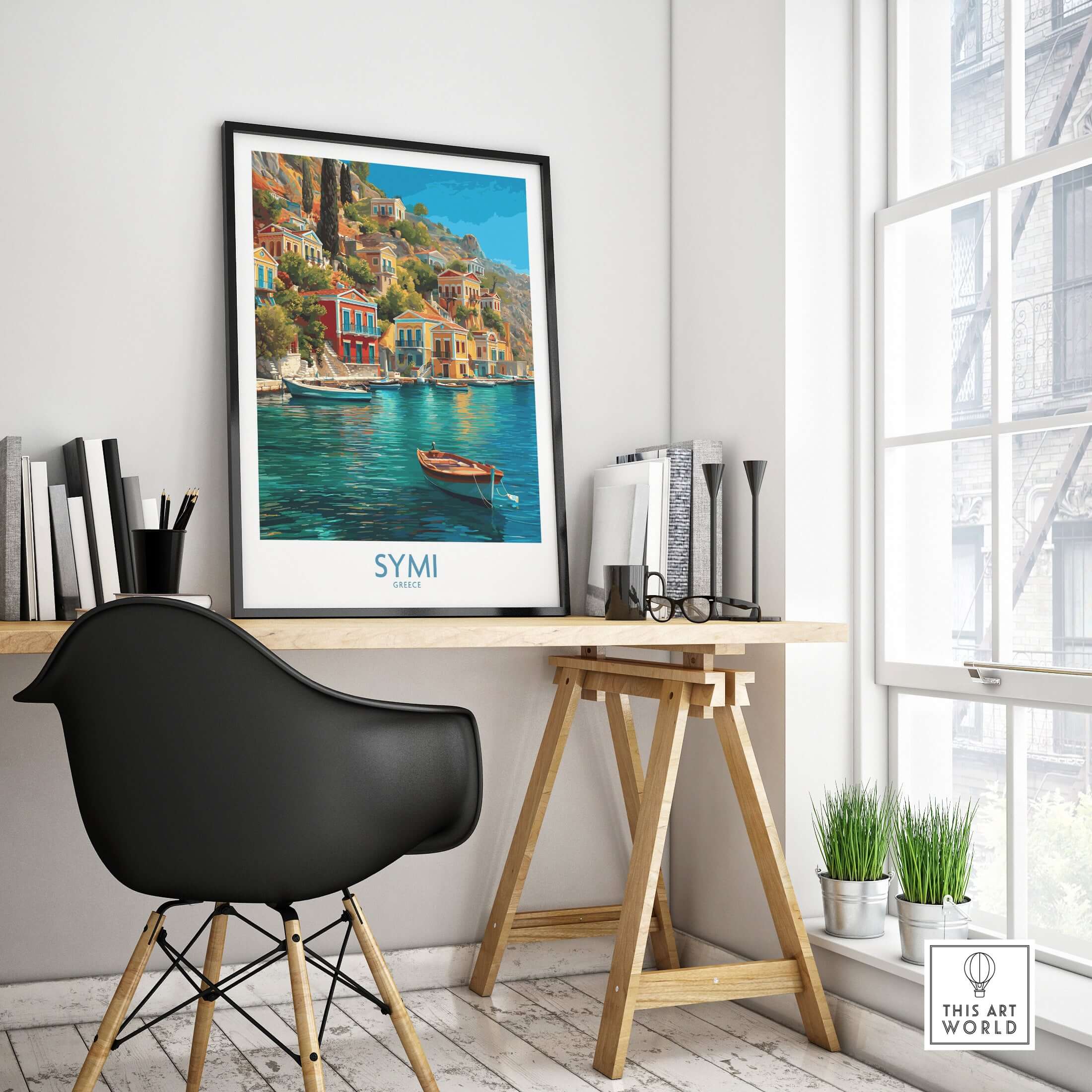 Symi Greece Art Print | Harbour Boats Seascape Poster framed in a stylish home office setting.