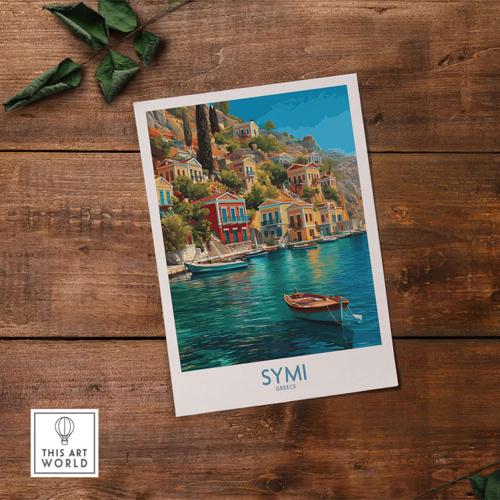 Symi Greece Art Print | Harbour Boats Seascape Poster showcasing colorful architecture and boats on serene waters.