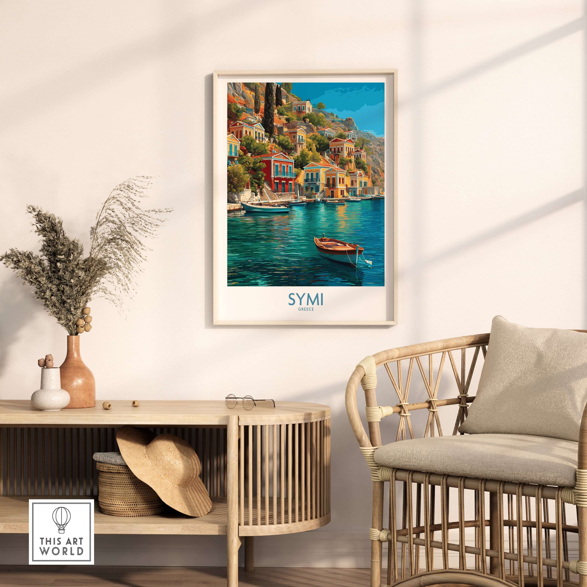 Symi Greece Art Print | Harbour Boats Seascape Poster displayed in a cozy interior with a rattan chair and greenery.