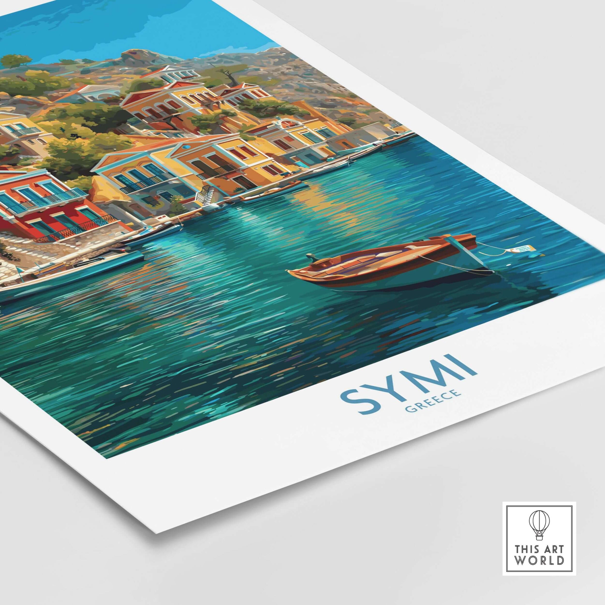 Symi Greece Art Print | Harbour Boats Seascape Poster featuring colorful buildings and tranquil waters.