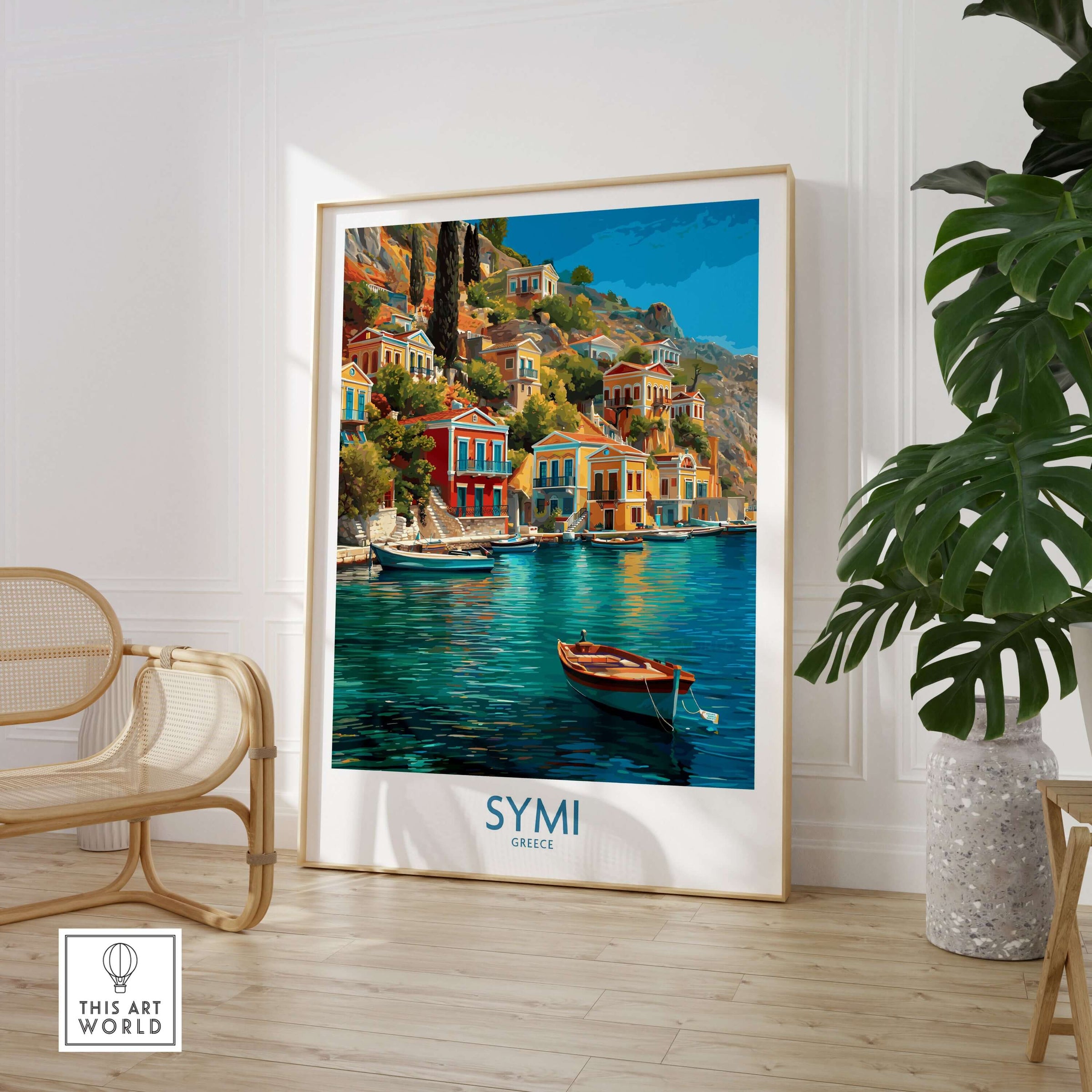 Symi Greece  Art Print | Harbour Boats Seascape Poster featuring vibrant boats and colorful architecture.