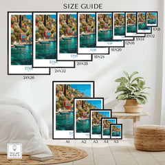 Symi Greece Art Print | Harbour Boats Seascape Poster size guide showcasing various framed print dimensions.