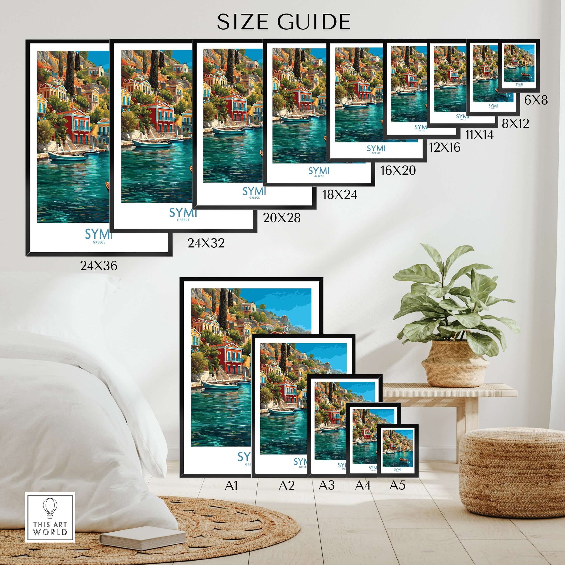Symi Greece Art Print | Harbour Boats Seascape Poster size guide showcasing various framed print dimensions.