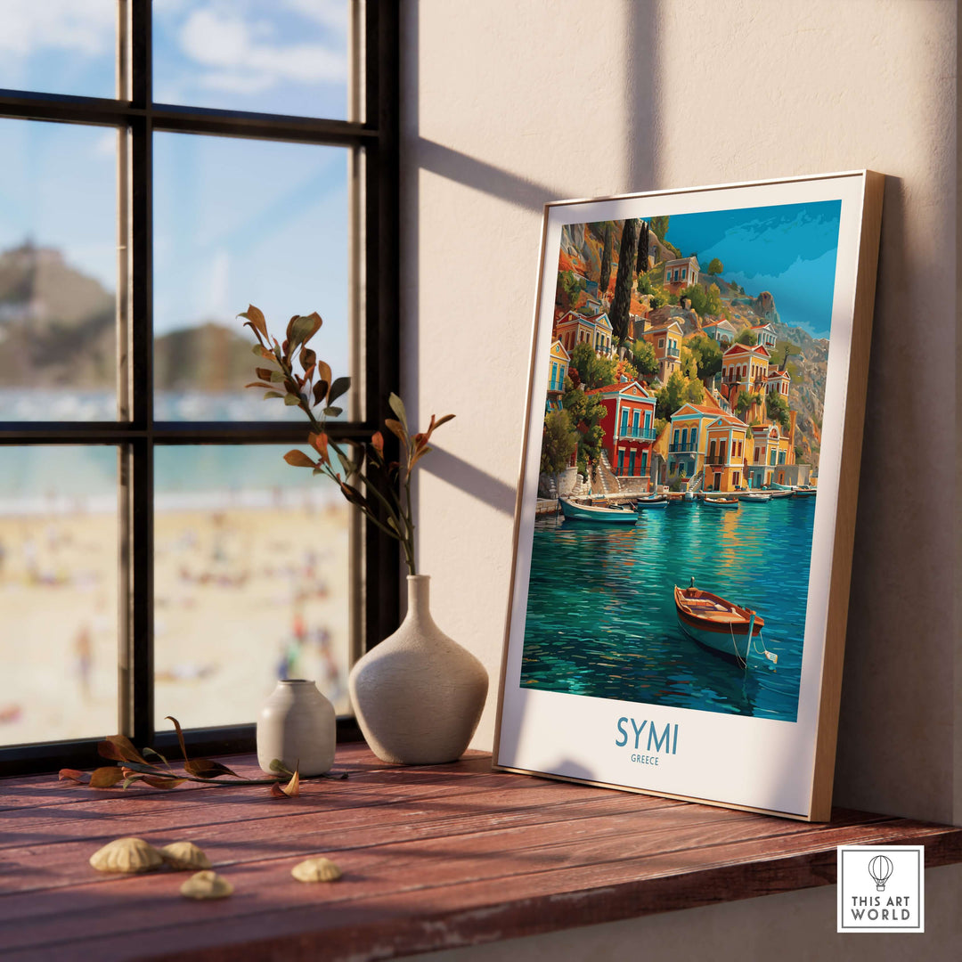 Symi Greece Art Print | Harbour Boats Seascape Poster displayed in a bright room with beach view.
