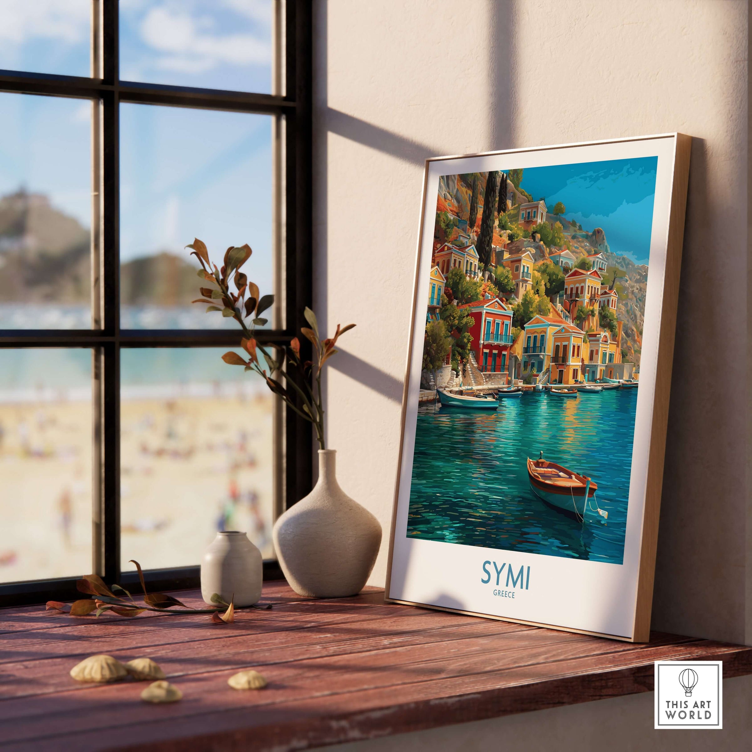 Symi Greece Art Print | Harbour Boats Seascape Poster displayed in a stylish interior with coastal views.