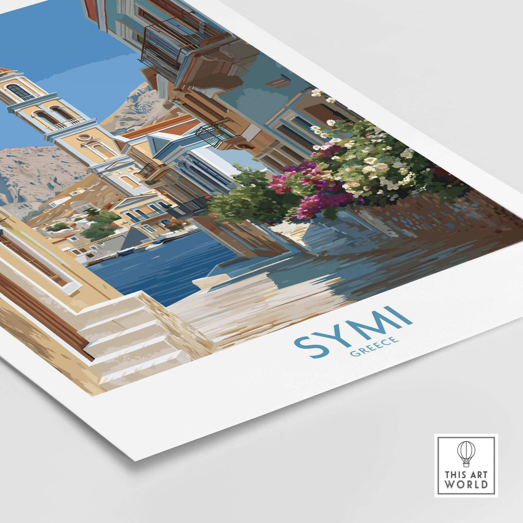 Symi Greece Art Print Greek Poster showcasing colorful architecture and coastal views of Symi island.