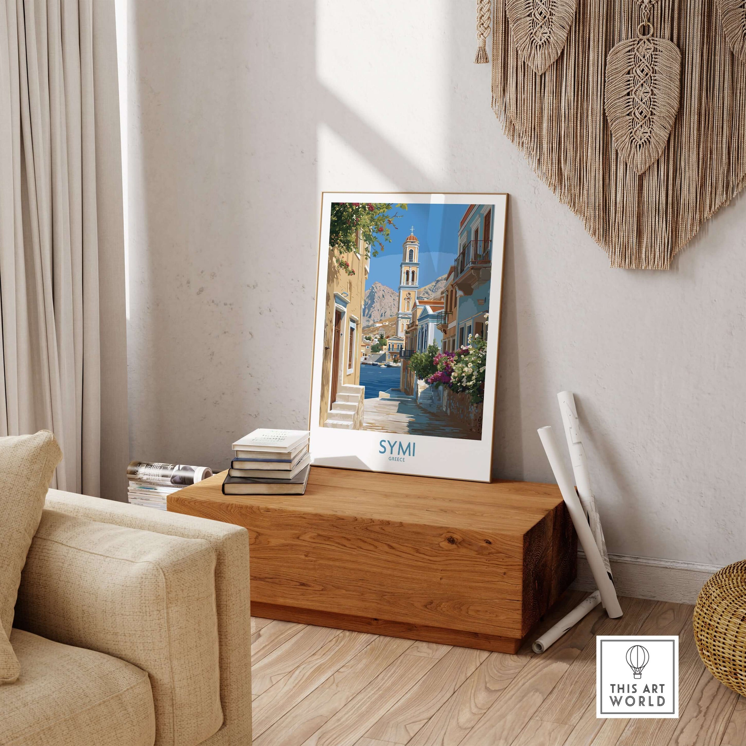 Symi Greece Art Print Greek Poster featuring vibrant architecture in a cozy interior setting.