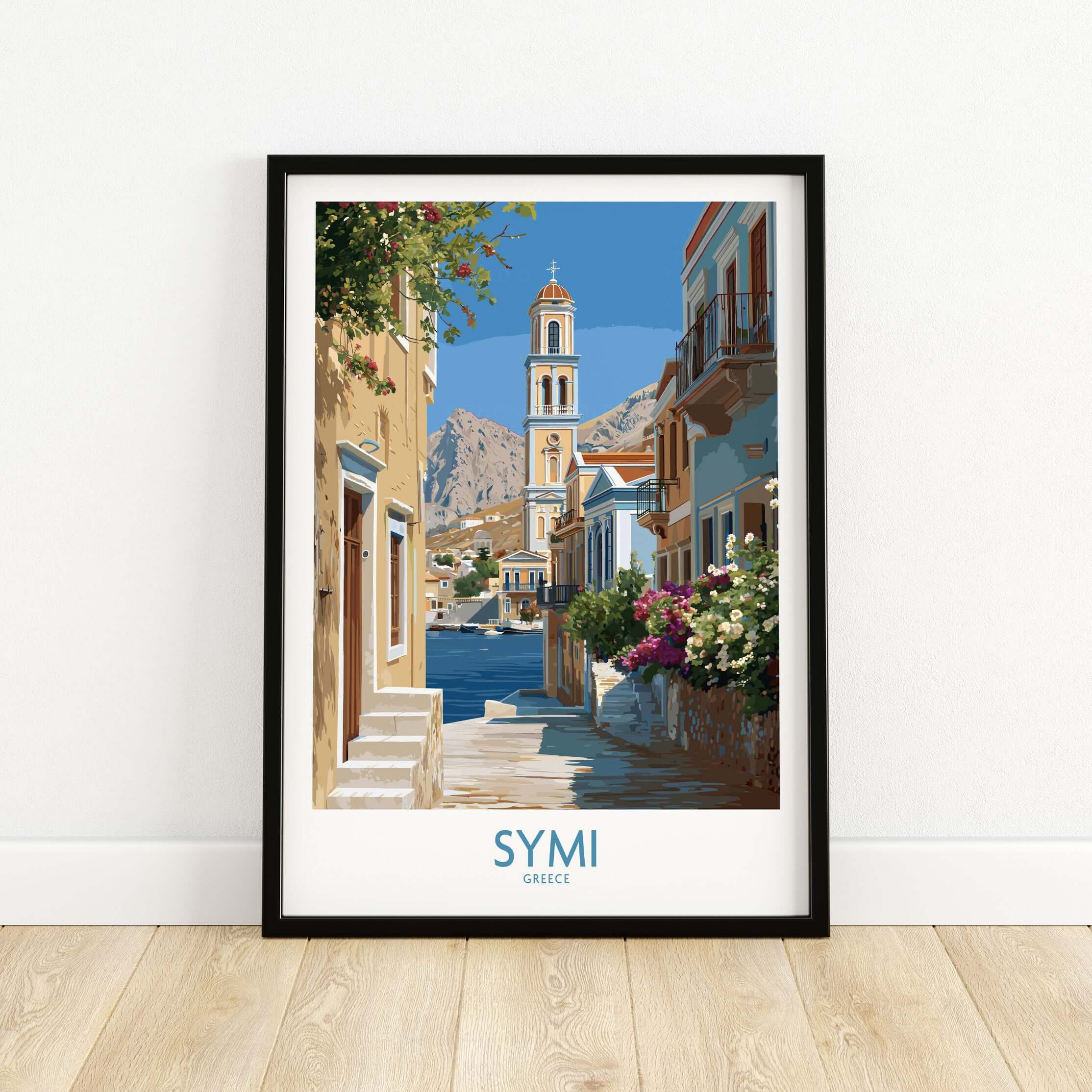 Symi Greece Art Print Greek Poster showcasing colorful architecture and coastal views of Symi Island.