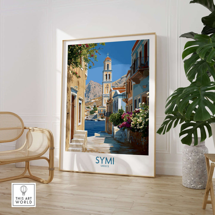 Symi Greece Art Print Greek Poster featuring vibrant architecture and coastal views in a stylish interior setting.
