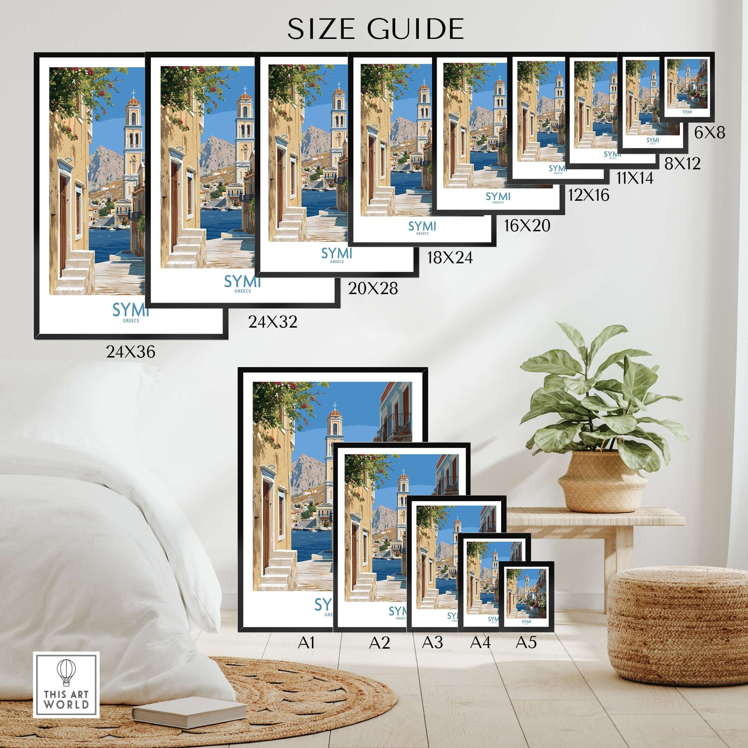 Size guide for Symi Greece Art Print Greek Poster showcasing various frame sizes and dimensions.