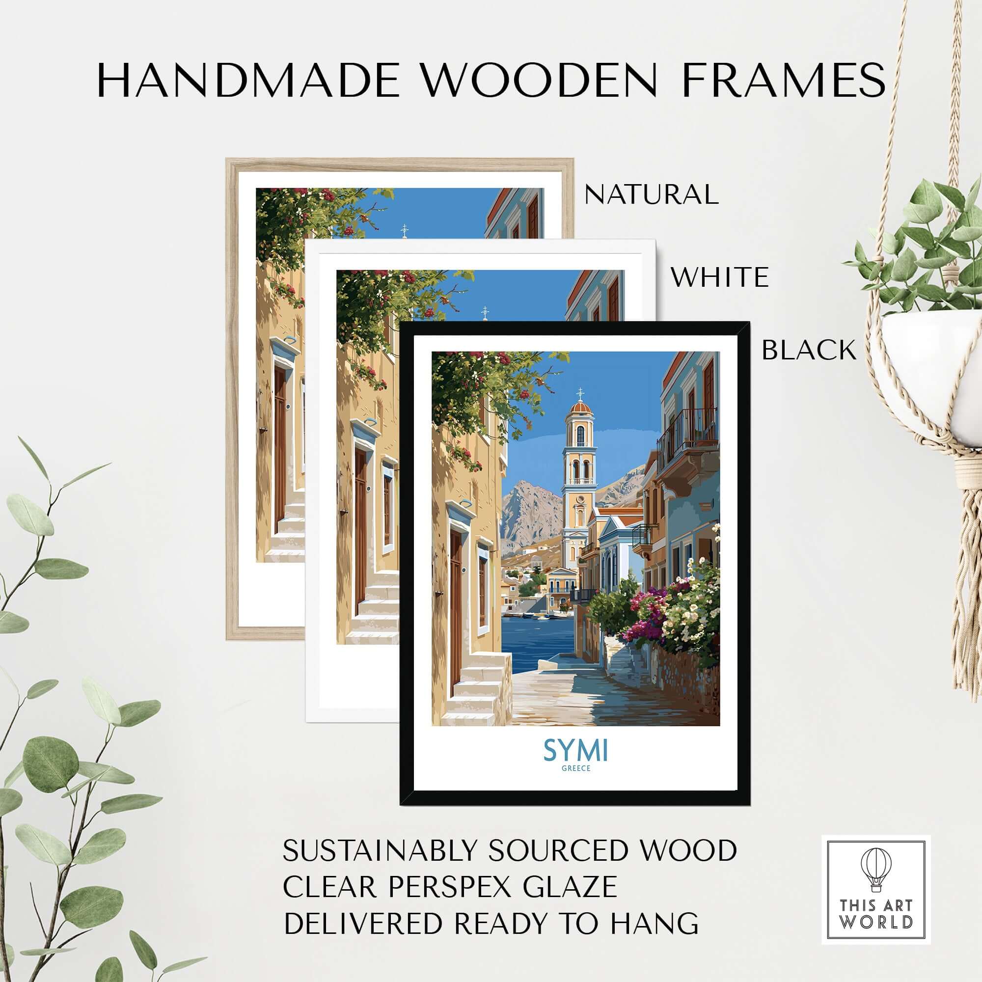 Symi Greece Art Print Greek Poster displayed in handmade wooden frames: natural, white, and black options.