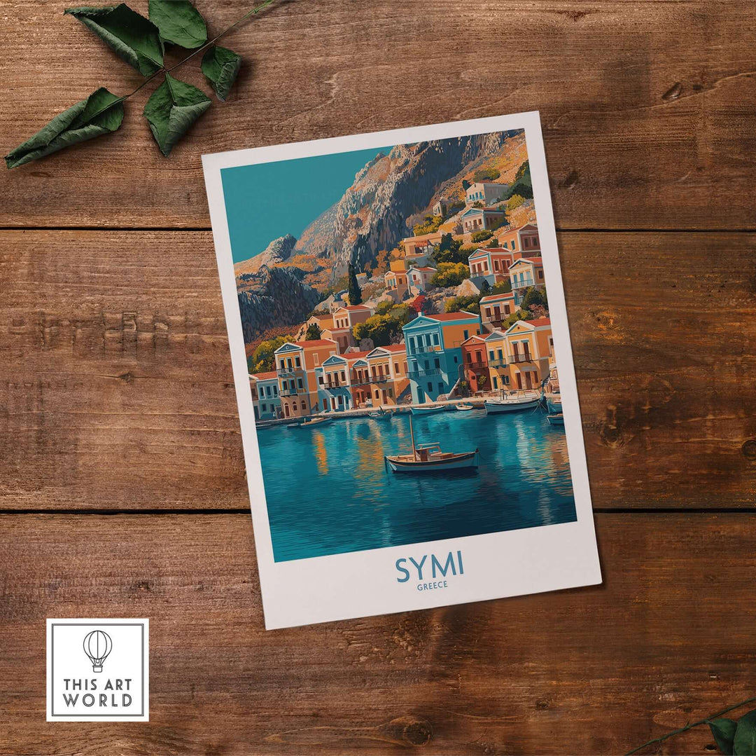Symi Greece Poster showcasing colorful houses and serene waters of Symi Island, perfect for travel and decor enthusiasts.