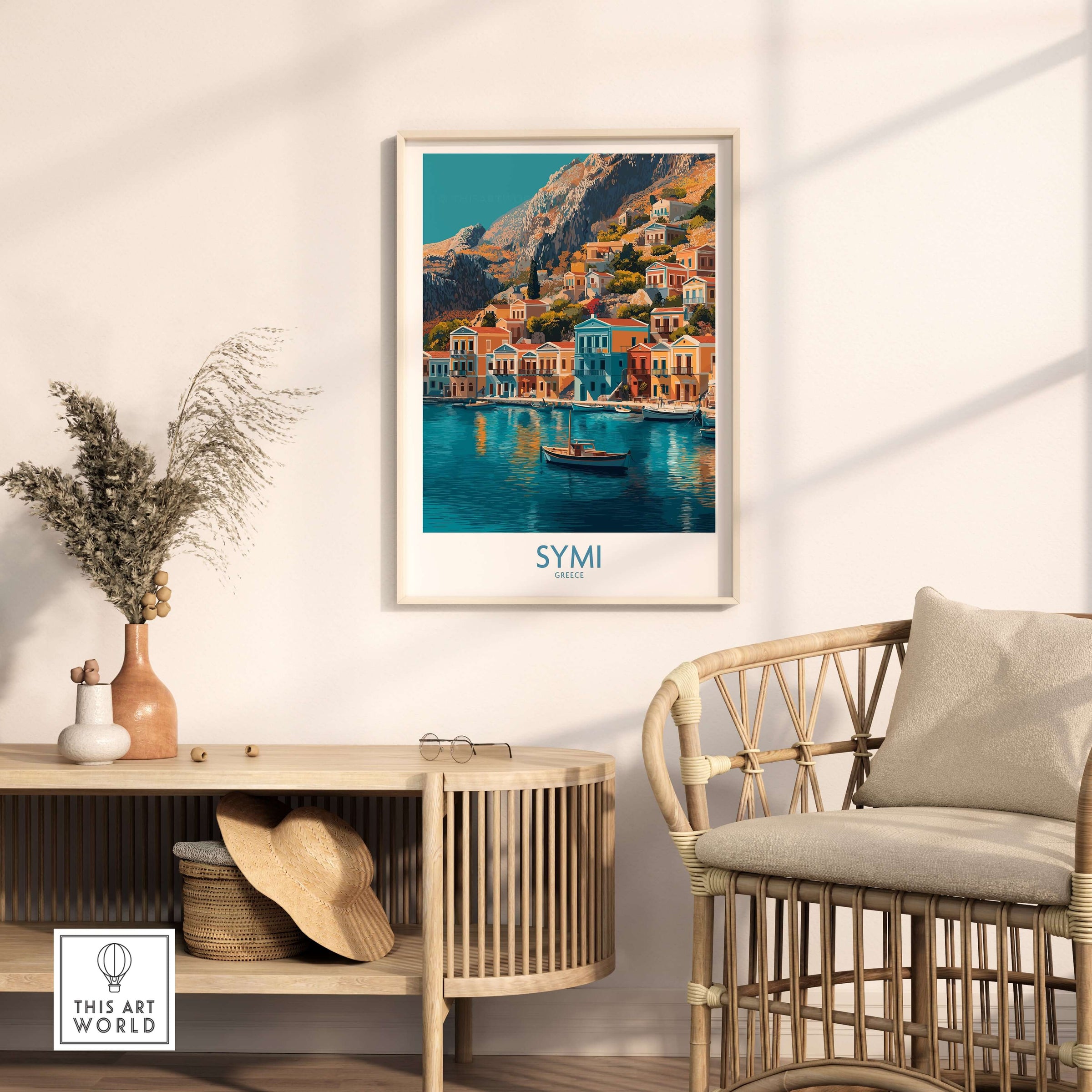 Symi Greece Poster featuring vibrant island landscapes and charming architecture in a cozy interior setting.