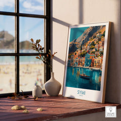 Symi Greece Poster showcasing beautiful waterfront houses against a beach backdrop, perfect for home decor.