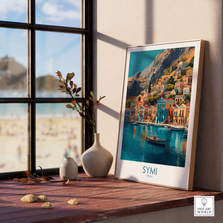 Symi Greece Poster framed on a windowsill, showcasing vibrant landscapes and architecture of Symi, Greece.