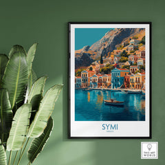 Symi Greece Poster featuring vibrant colors of coastal houses and clear waters, perfect for home decor.