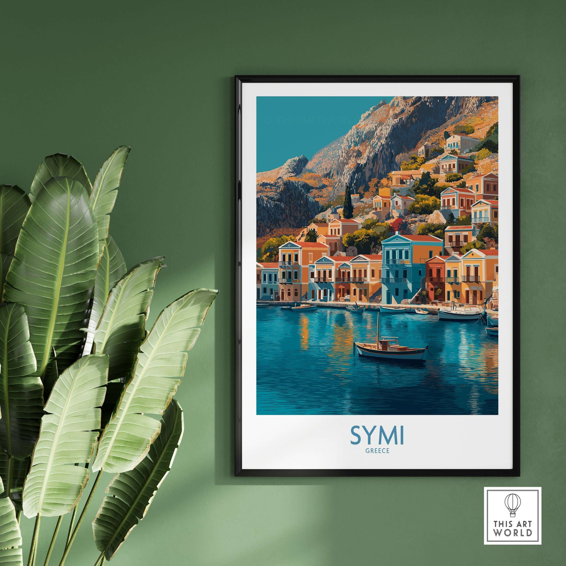 Symi Greece Poster featuring vibrant colors of coastal houses and clear waters, perfect for home decor.