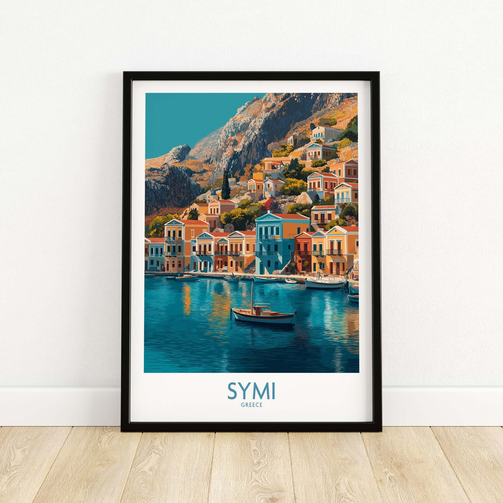 Symi Greece Poster featuring scenic waterfront with colorful houses and boats on the island of Symi, Greece.