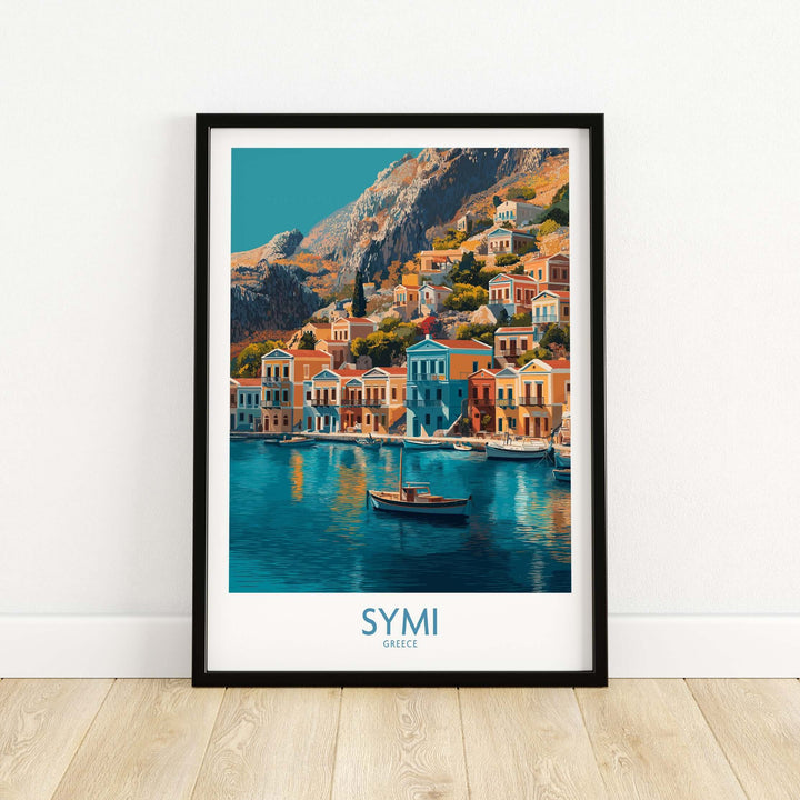 Symi Greece Poster featuring scenic waterfront with colorful houses and boats on the island of Symi, Greece.