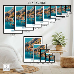 Symi Greece Poster size guide showcasing various frame sizes and home decor ideas.
