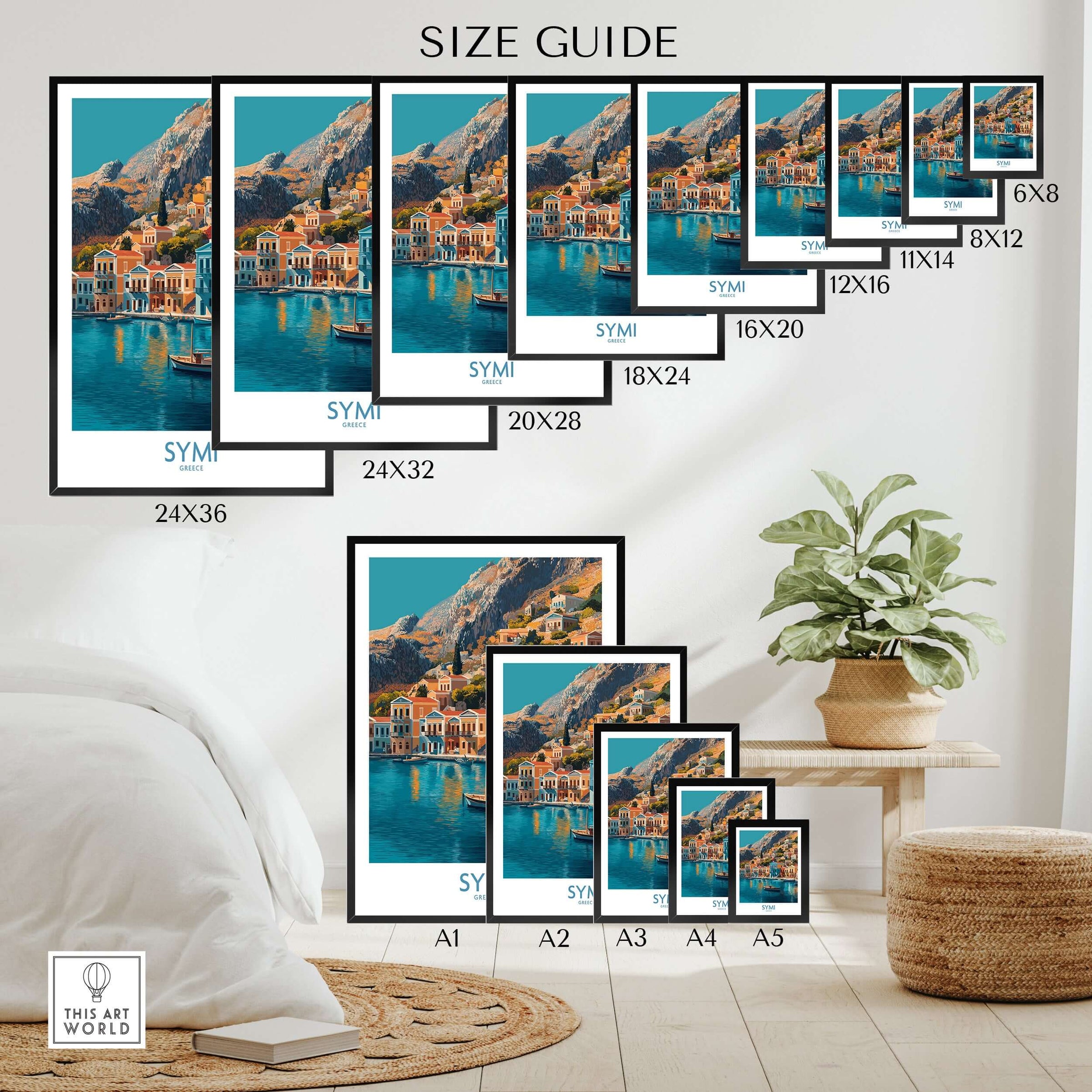 Symi Greece Poster size guide showcasing various frame sizes and home decor ideas.
