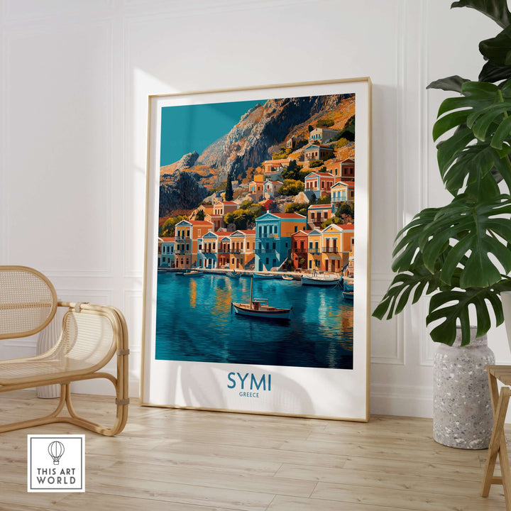 Symi Greece Poster featuring vibrant houses and a boat in the picturesque waters of Symi, Greece.
