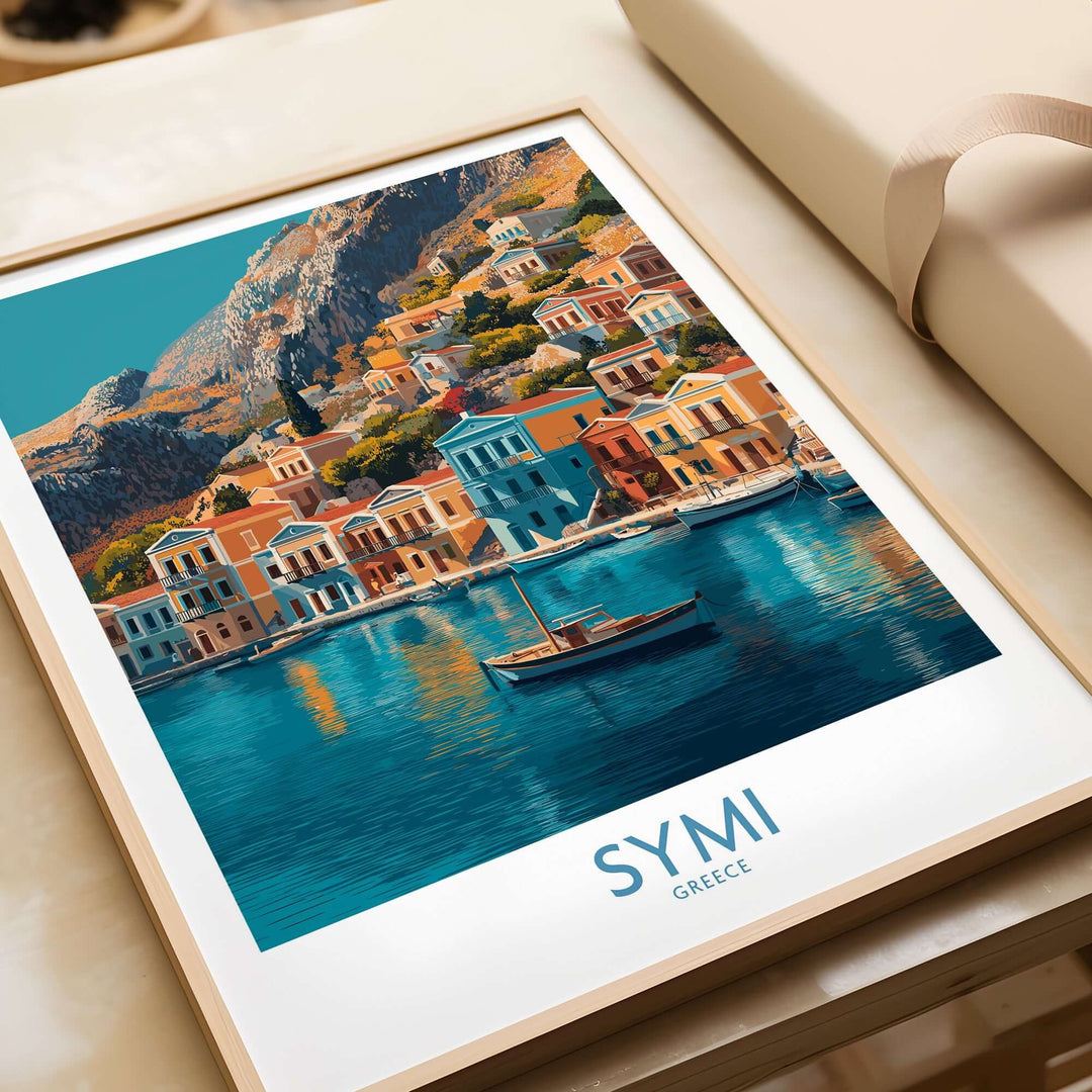 Symi Greece Poster featuring colorful houses and tranquil waters of Symi Island.