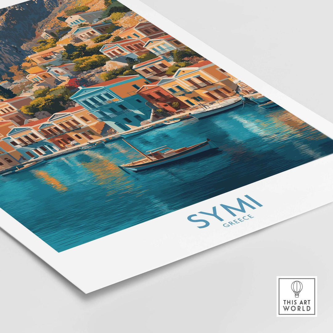 Symi Greece Poster showcasing vibrant waterfront architecture and serene waters of Symi island.