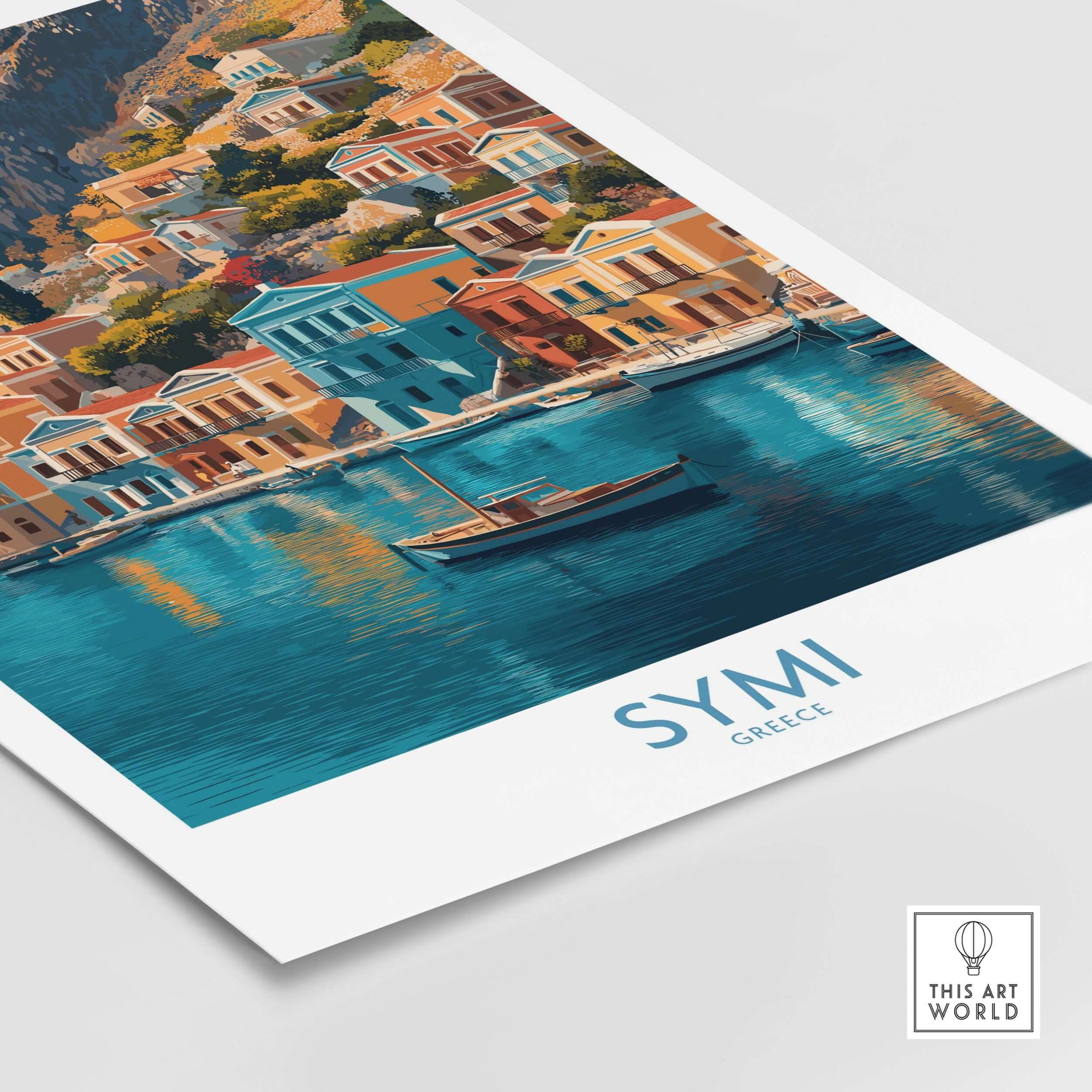 Symi Greece Poster showcasing vibrant waterfront architecture and serene waters, perfect for home decor.