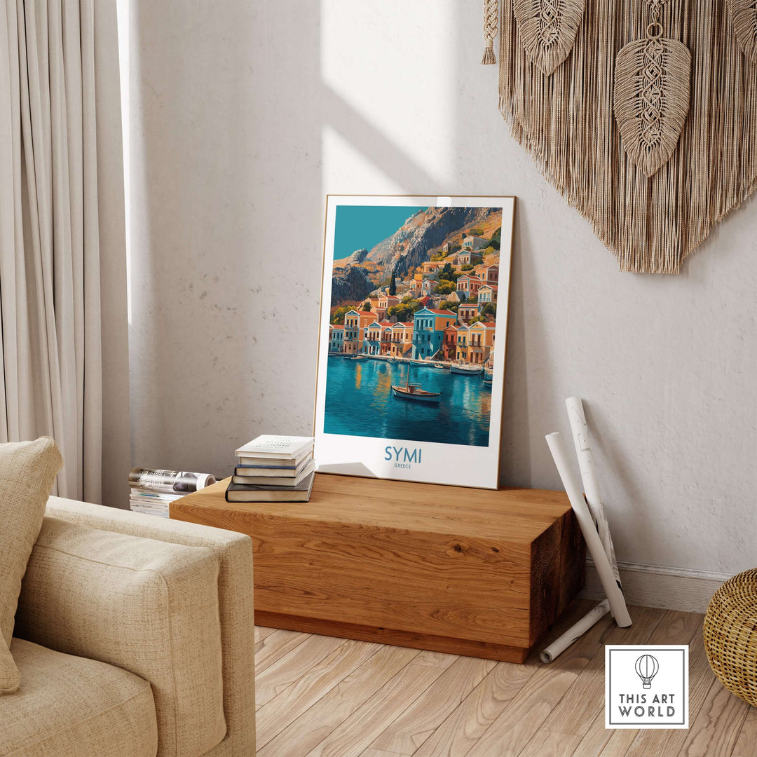 Symi Greece Poster displayed in a cozy home setting, showcasing vibrant island architecture and color.