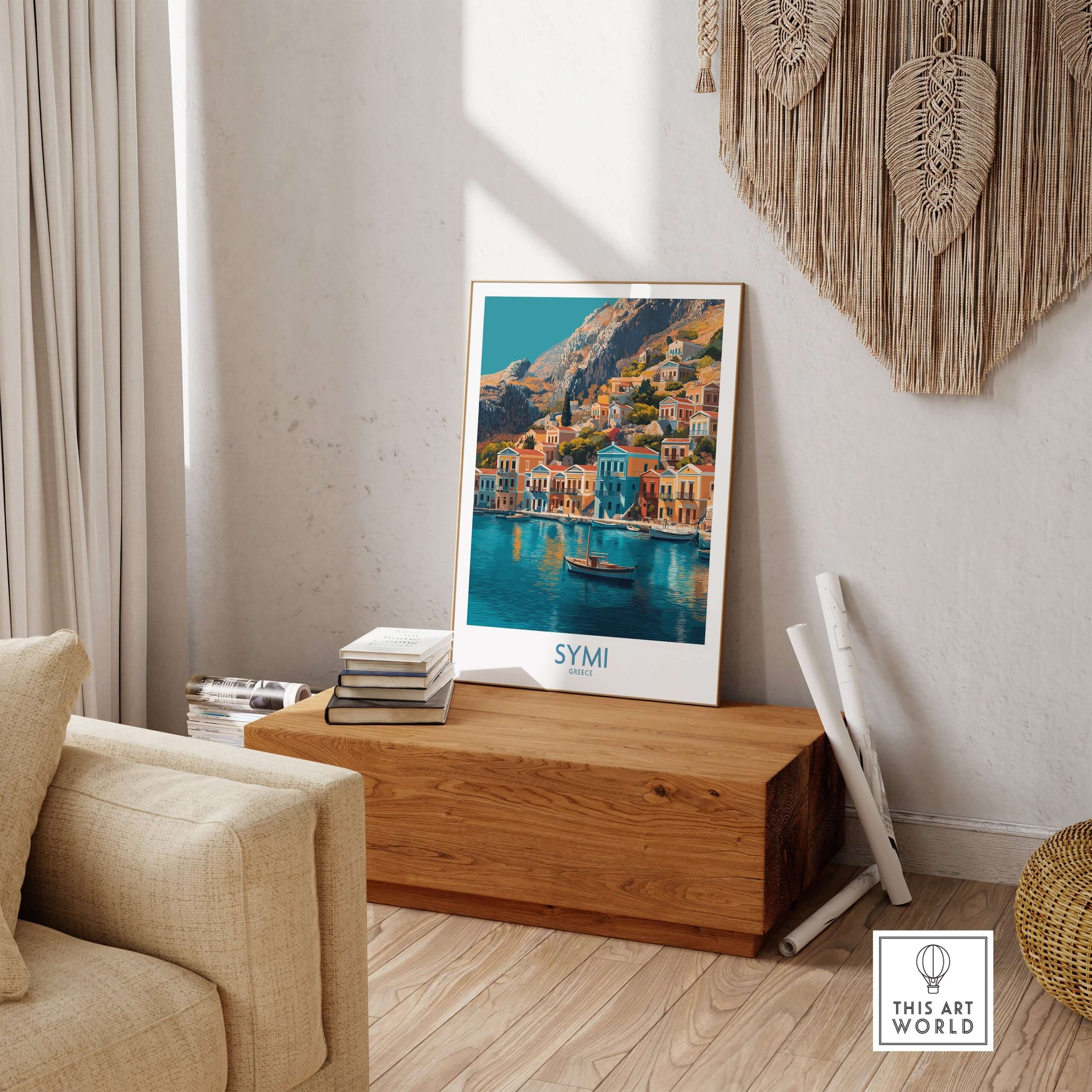 Symi Greece Poster displayed in a cozy room, showcasing vibrant Mediterranean architecture and stunning landscapes.