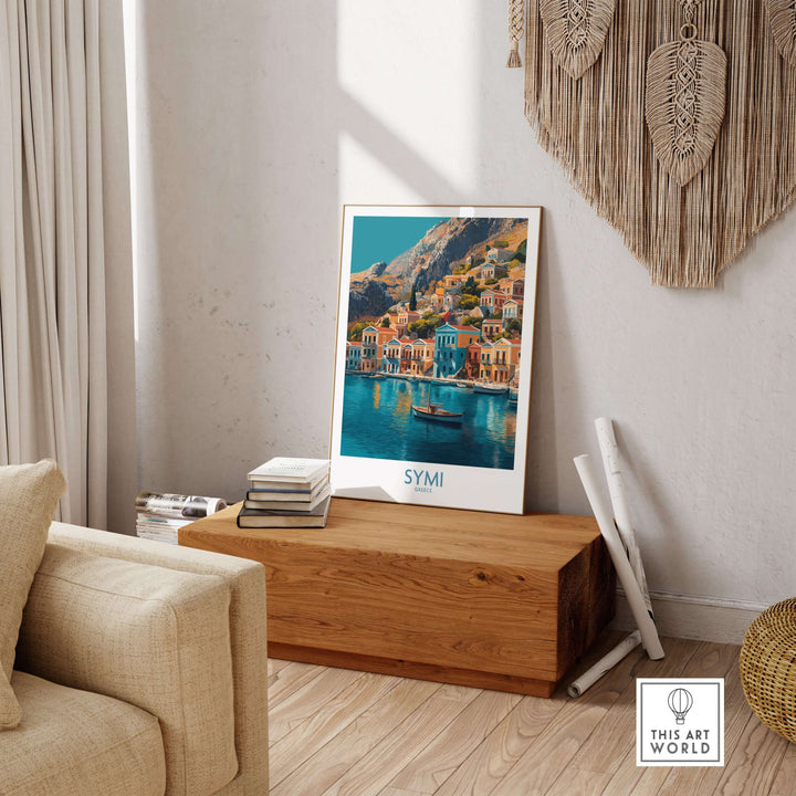 Symi Greece Poster displayed in a cozy home setting, showcasing vibrant island architecture and color.