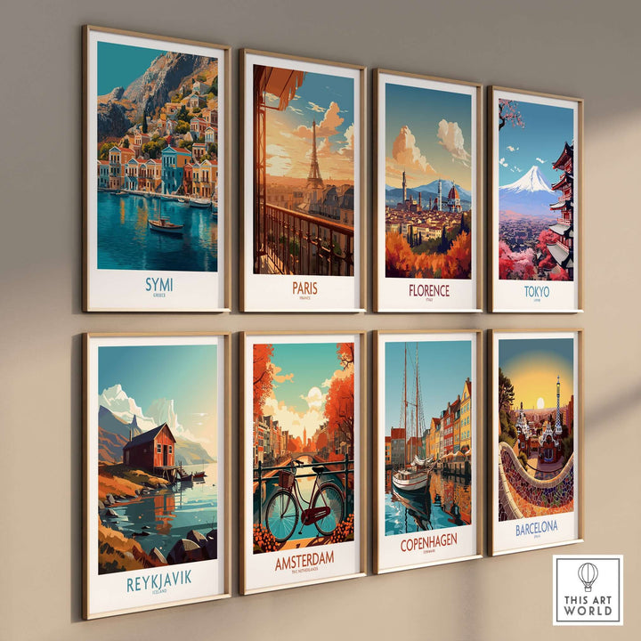 Symi Greece Poster displayed among vibrant city posters like Paris, Florence, and Tokyo, showcasing Mediterranean charm.