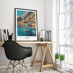 Symi Greece Poster displayed in a stylish workspace featuring colorful coastal houses and serene waters of Symi Island.