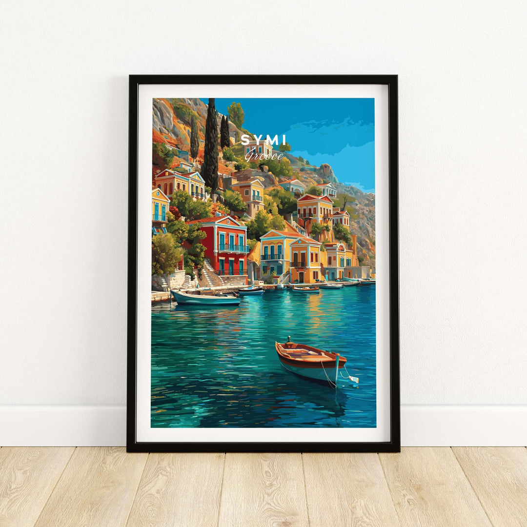 Symi Poster - Aegean Island Print | Greek Travel Wall Art featuring colorful buildings and a serene boat scene.