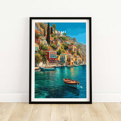 Symi Poster  - Aegean Island Print | Greek Travel Wall Art showcasing colorful architecture and serene coastal views.