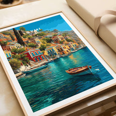 Symi Poster - Aegean Island Print | Greek Travel Wall Art featuring colorful houses and a boat on serene waters.
