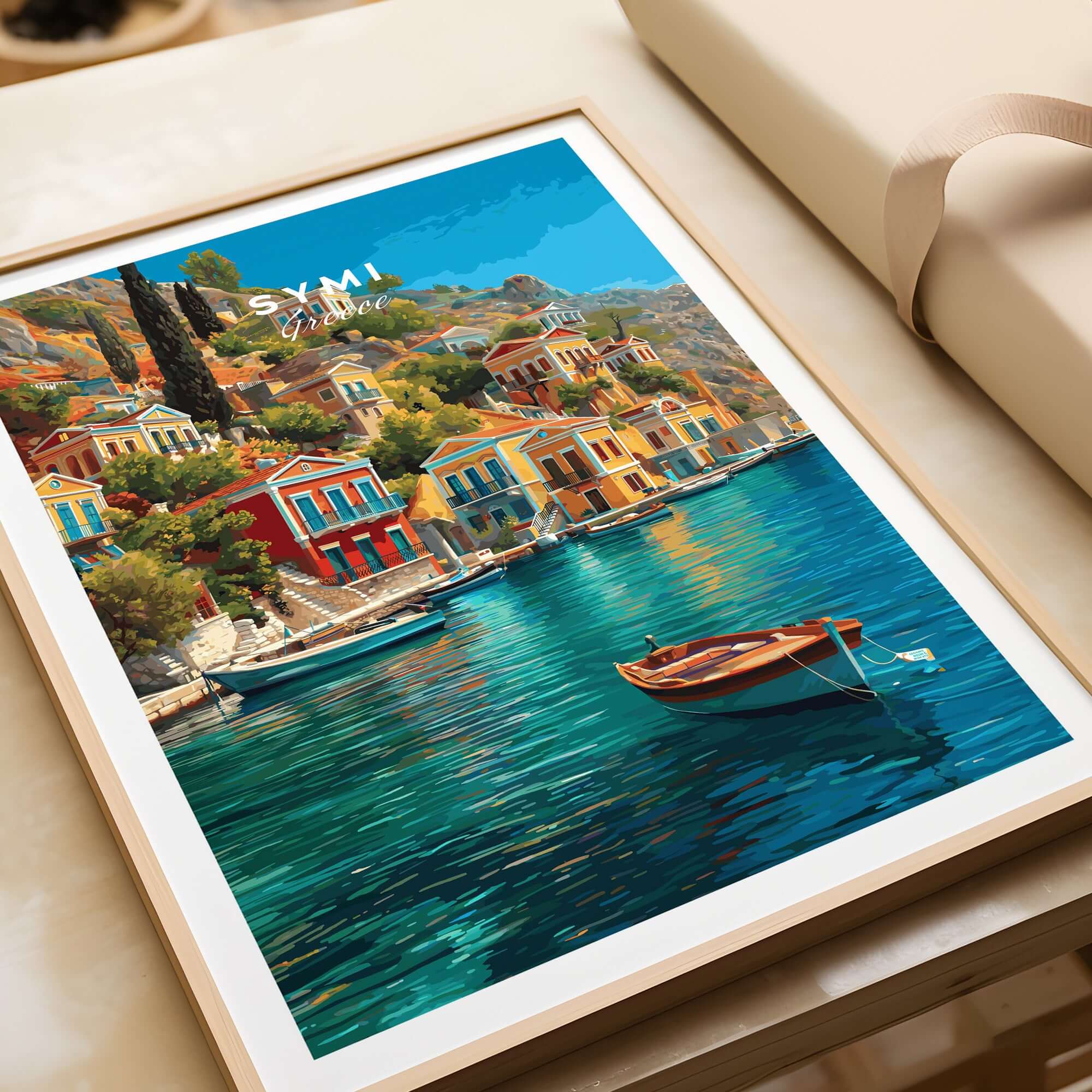 Symi Poster - Aegean Island Print | Greek Travel Wall Art featuring colorful houses and a boat on serene waters.