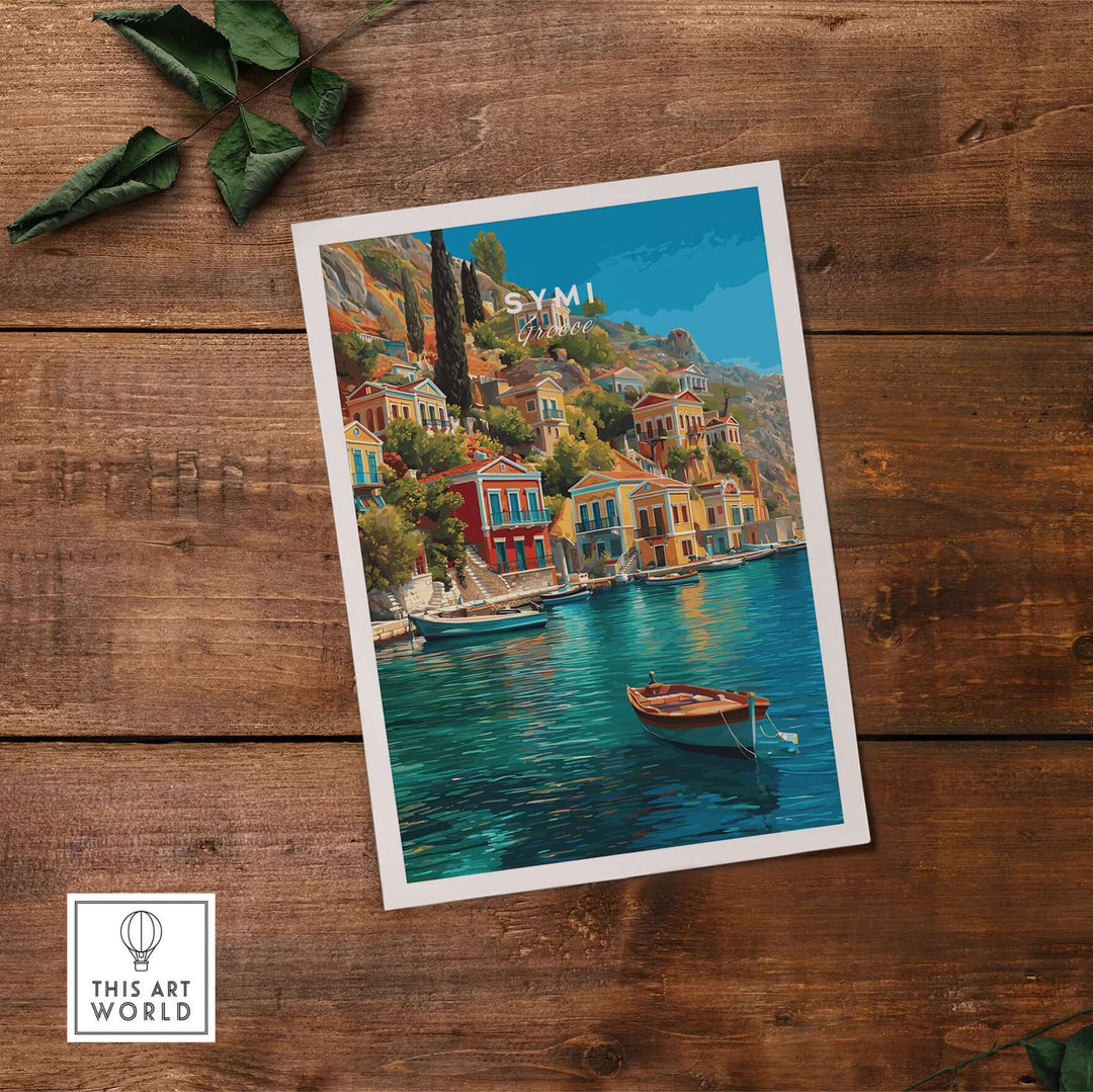 Symi Poster - Aegean Island Print | Greek Travel Wall Art showcasing colorful architecture and coastal views of Symi Island.