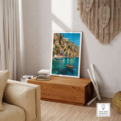 Symi Poster - Aegean Island Print | Greek Travel Wall Art displayed in a stylish living room with vibrant coastal views.