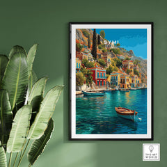 Symi Poster  - Aegean Island Print | Greek Travel Wall Art showcasing colorful architecture and serene coastal views.