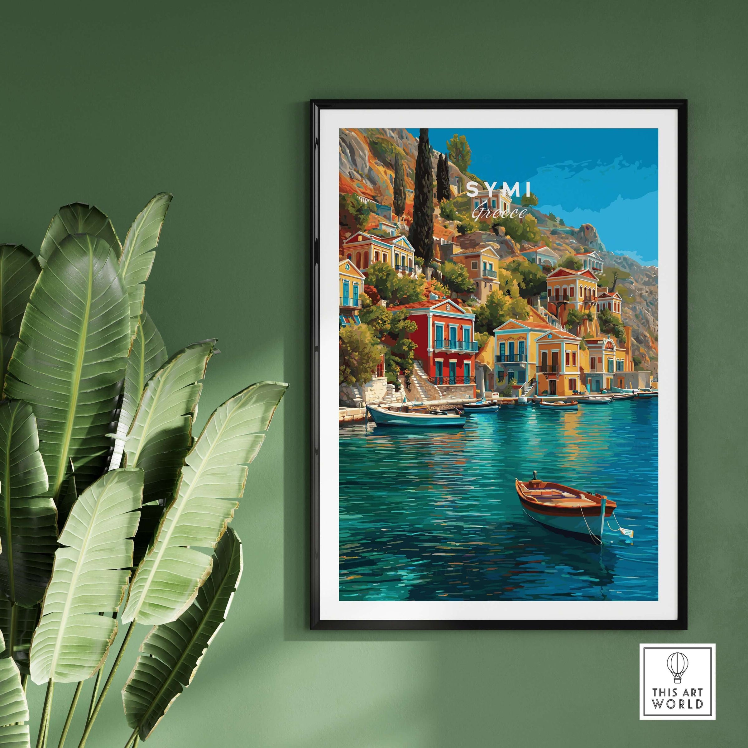 Symi Poster  - Aegean Island Print | Greek Travel Wall Art showcasing colorful architecture and serene coastal views.