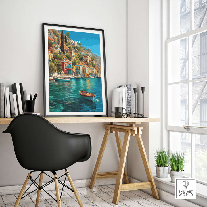 Symi Poster - Aegean Island Print | Greek Travel Wall Art displayed in a cozy home office setting.