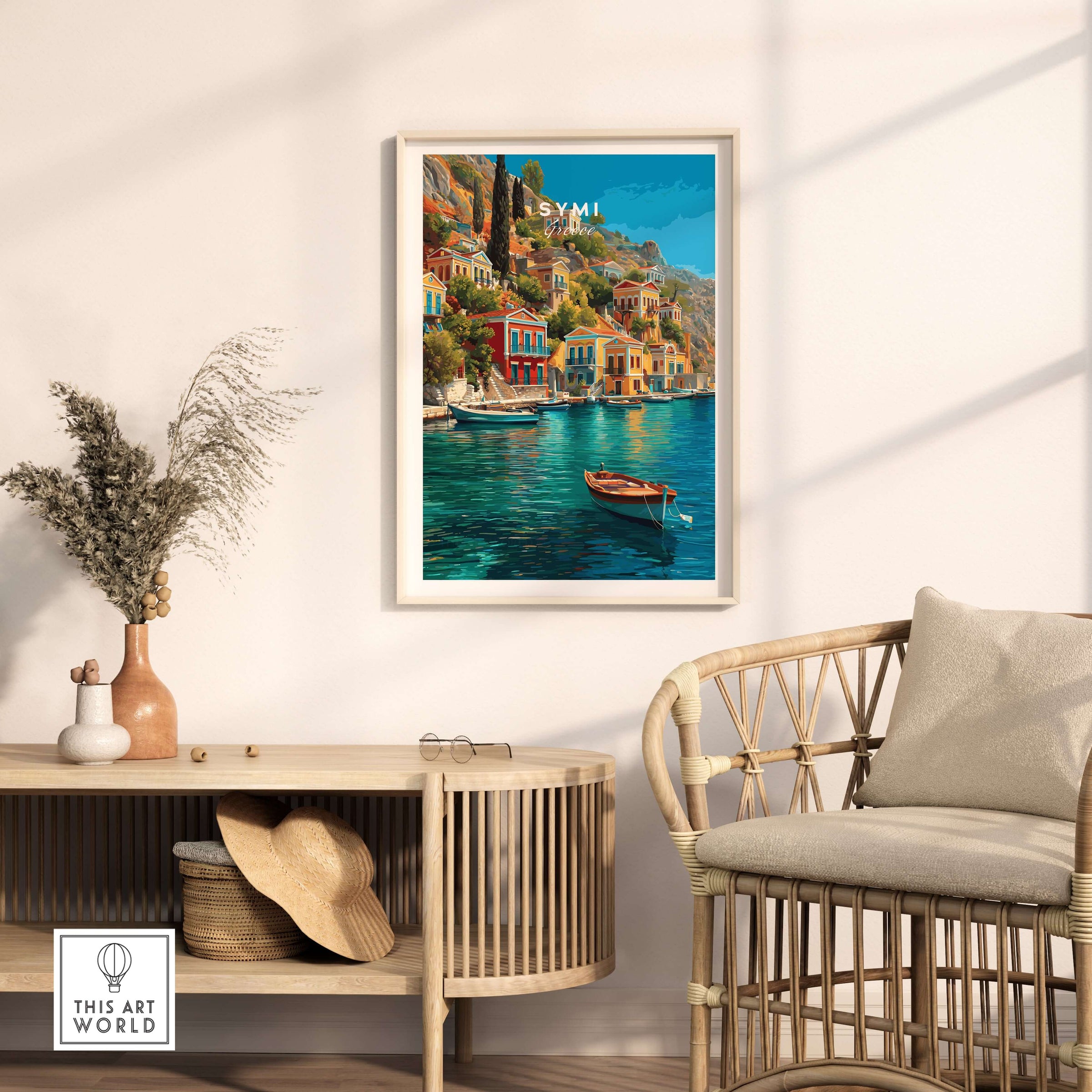 Symi Poster - Aegean Island Print | Greek Travel Wall Art displayed in a stylish home setting.