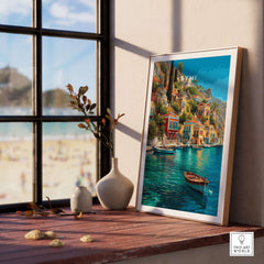 Symi Poster  - Aegean Island Print | Greek Travel Wall Art displayed on a table near a window, showcasing vibrant coastal views.