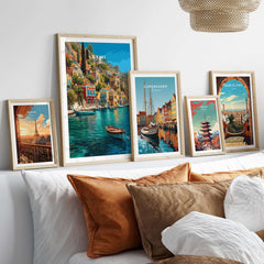Symi Poster - Aegean Island Print | Greek Travel Wall Art displayed among other travel art on a stylish wall.